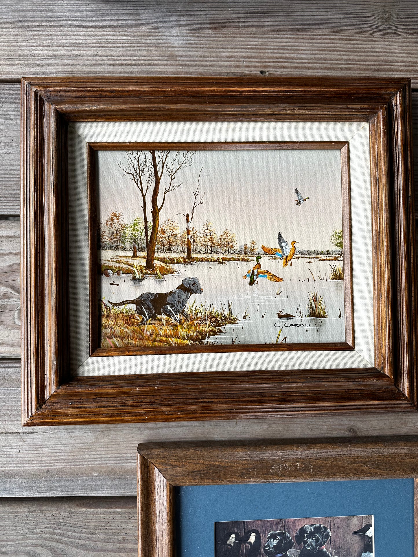 Black lab with ducks oil painting x C Carson
